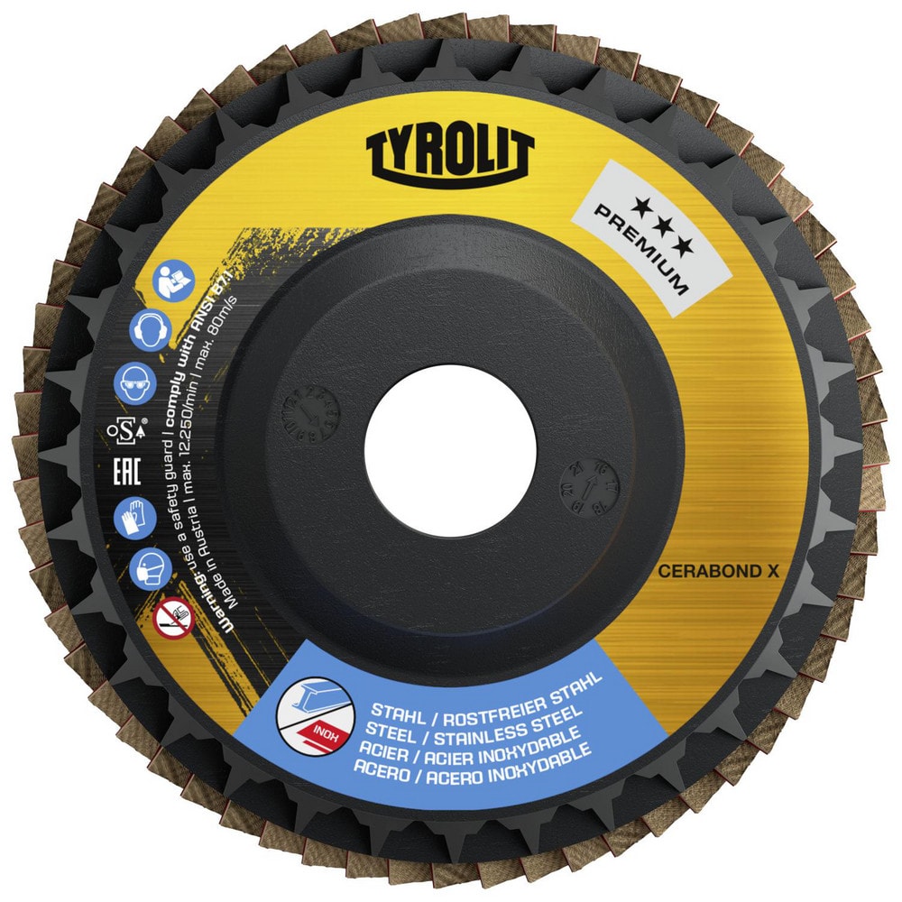 Flap Disc: 4-1/2" Dia, 7/8" Hole, 40 Grit, Ceramic, Type 27