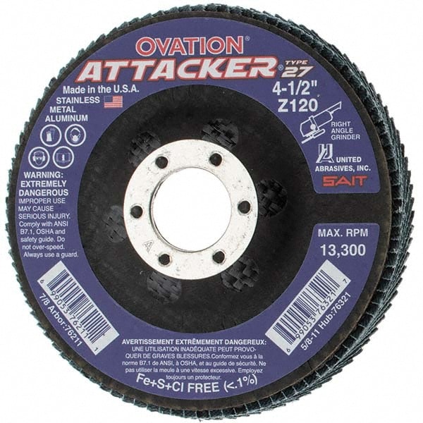 Flap Disc: 4-1/2" Dia, 7/8" Hole, 120 Grit, Zirconia Alumina, Type 27