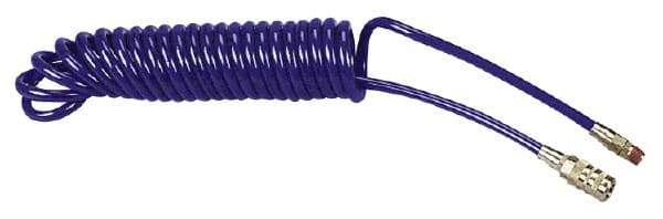 Coilhose Pneumatics - 1/4" ID, 1/4 Thread, 15' Long, Blue Polyurethane Coiled & Self Storing Hose - 125 Max psi, Industrial Interchange Coupler x Male Swivel - Eagle Tool & Supply
