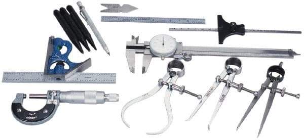 Value Collection - 12 Piece, Machinist Caliper and Micrometer Tool Kit - Includes 2 Piece Combination Square Set and Flexible Steel Rule - Eagle Tool & Supply
