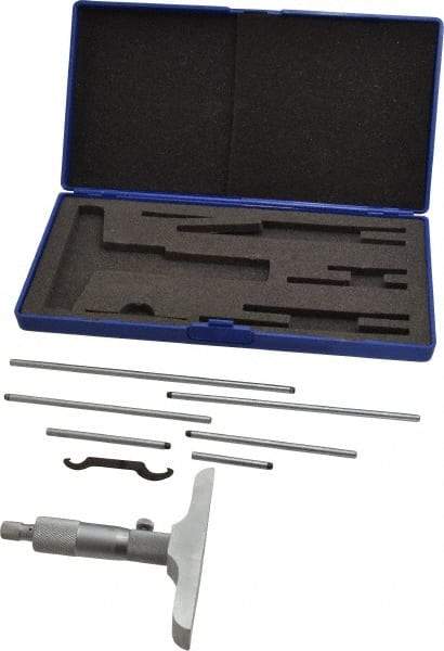 Value Collection - 0 to 6" Range, 6 Rod, Mechanical Depth Micrometer - Ball Thimble, 4" Base Length, 0.001" Graduation, 4.5mm Rod Diam - Eagle Tool & Supply