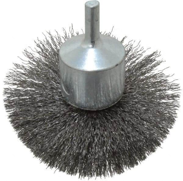 Weiler - 3" Brush Diam, Crimped, Flared End Brush - 1/4" Diam Shank, 16,000 Max RPM - Eagle Tool & Supply
