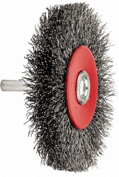 Value Collection - 3-1/16" OD, 1/4" Shank Diam, Crimped Steel Wheel Brush - 1/2" Face Width, 3/4" Trim Length, 0.015" Filament Diam, 12,000 RPM - Eagle Tool & Supply