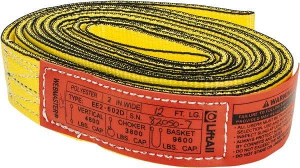 Lift-All - 12' Long x 2" Wide, 4,800 Lb Vertical Capacity, 2 Ply, Nylon Web Sling - 3,800 Lb Choker Capacity, Yellow - Eagle Tool & Supply