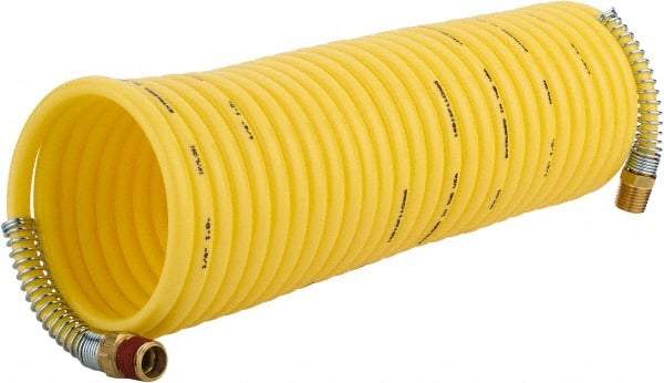 Coilhose Pneumatics - 1/4" ID, 1/4 Thread, 25' Long, Yellow Nylon Coiled & Self Storing Hose - 185 Max psi, Male Rigid x Male Swivel - Eagle Tool & Supply