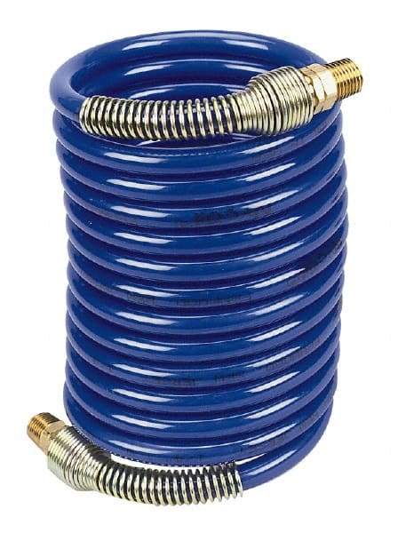 Coilhose Pneumatics - 1/4" ID, 1/4 Thread, 12' Long, Blue Nylon Coiled & Self Storing Hose - 220 Max psi, Male Swivel x Male Swivel - Eagle Tool & Supply