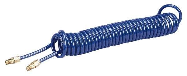 Coilhose Pneumatics - 1/4" ID, 1/4 Thread, 20' Long, Blue Polyurethane Coiled & Self Storing Hose - 125 Max psi, Male Swivel x Male Swivel - Eagle Tool & Supply