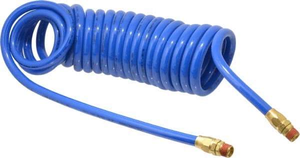 Coilhose Pneumatics - 3/8" ID, 3/8 Thread, 20' Long, Blue Polyurethane Coiled & Self Storing Hose - 115 Max psi, Male Swivel x Male Swivel - Eagle Tool & Supply