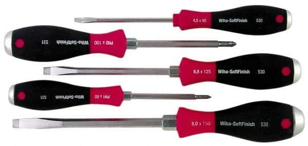 Wiha - 5 Piece Phillips & Slotted Screwdriver Set - Round Shank, Ergonomic Handle - Eagle Tool & Supply