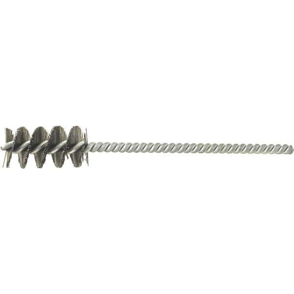 Brush Research Mfg. - 1" Diam Helical Stainless Steel Tube Brush - Single Spiral, 0.01" Filament Diam, 2" Brush Length, 6" OAL, 0.22" Diam Galvanized Steel Shank - Eagle Tool & Supply