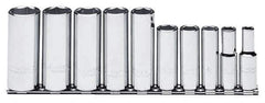 Proto - 10 Piece 3/8" Drive Chrome Finish Deep Well Socket Set - 6 Points, 5/16" to 7/8" Range, Inch Measurement Standard - Eagle Tool & Supply