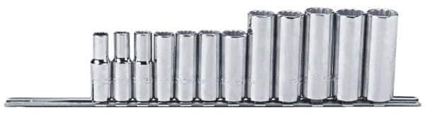 Proto - 12 Piece 3/8" Drive Chrome Finish Deep Well Socket Set - 12 Points, 8mm to 19mm Range, Metric Measurement Standard - Eagle Tool & Supply