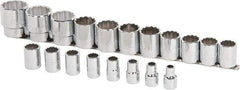Proto - 19 Piece 1/2" Drive Chrome Finish Socket Set - 12 Points, 3/8" to 1-1/2" Range, Inch Measurement Standard - Eagle Tool & Supply