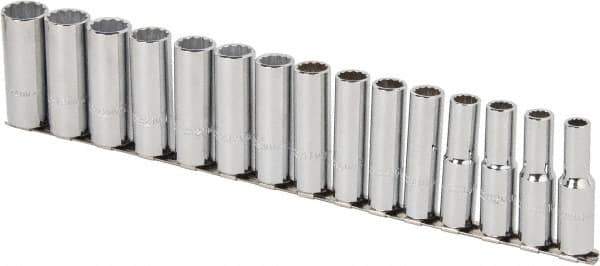 Proto - 15 Piece 1/2" Drive Chrome Finish Deep Well Socket Set - 12 Points, 10mm to 24mm Range, Metric Measurement Standard - Eagle Tool & Supply