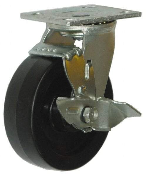Value Collection - 5" Diam x 2" Wide x 6-1/2" OAH Top Plate Mount Swivel Caster with Brake - Phenolic, 1,000 Lb Capacity, Roller Bearing, 4 x 4-1/2" Plate - Eagle Tool & Supply