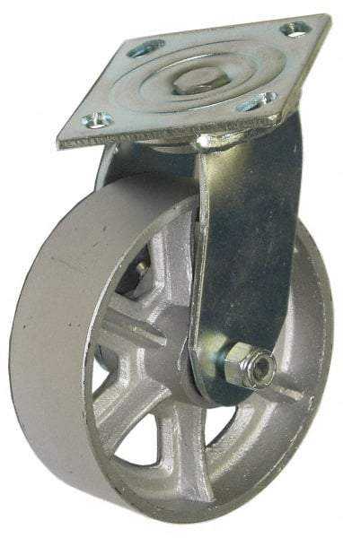 Value Collection - 8" Diam x 2" Wide x 9-1/2" OAH Top Plate Mount Swivel Caster - Cast Iron, 1,200 Lb Capacity, Roller Bearing, 4-1/2 x 6-1/4" Plate - Eagle Tool & Supply
