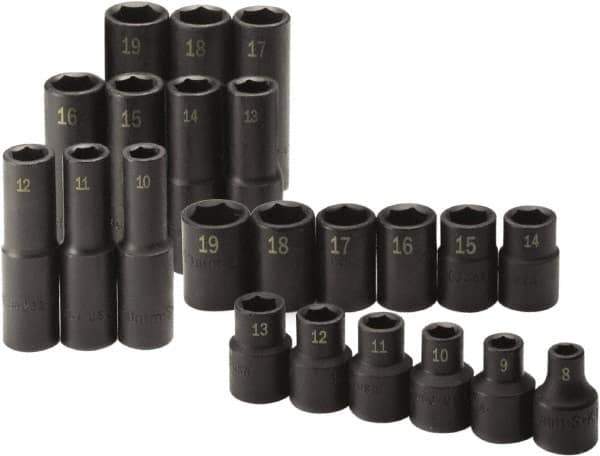 SK - 22 Piece 1/2" Drive Standard Deep Impact Socket Set - 6 Points, 8 to 19mm, Metric Measurement Standard - Eagle Tool & Supply