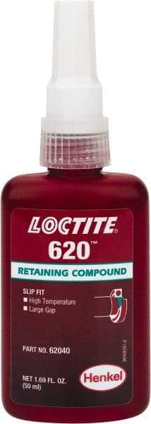Loctite - 50 mL Bottle, Green, Medium Strength Liquid Retaining Compound - Series 620, 24 hr Full Cure Time, Heat Removal - Eagle Tool & Supply