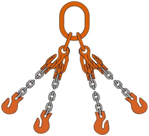 Pewag - 5' Long, 9,100 Lb Basket Capacity, 9,100 Lb Vertical Capacity, Alloy Steel Web Sling - QOG Chain Sling, 9/32" Diam Chain, Silver (Color), with 4 Grab Hooks, Master Link & 4 Shortening Hooks - Eagle Tool & Supply