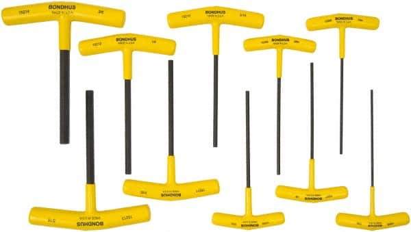 Bondhus - 10 Piece T-Handle Cushion Grip Hex Key Set - Hex Range 3/32 to 3/8", 6" OAL, Protanium High Torque Steel - Eagle Tool & Supply