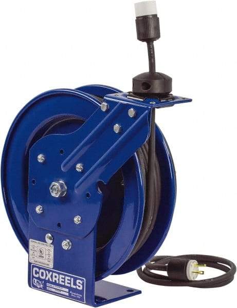 CoxReels - 16 AWG, 75' Cable Length, Cord & Cable Reel with Outlet End - 1 Outlet, NEMA 5-15R, 13 Amps, 115 Volts, SJO Cable, Blue Reel, Spring Driven Reel - Eagle Tool & Supply