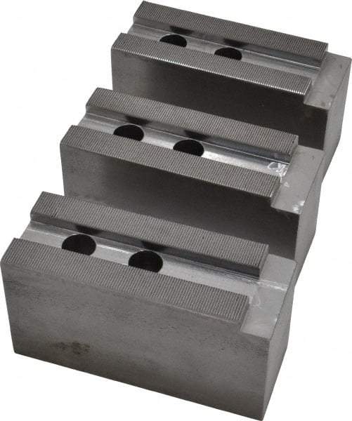 H & R Manufacturing - 15" Chuck Capacity, 1.5mm x 60° Serrated Attachment, Square Soft Lathe Chuck Jaw - 3 Jaws, Steel, 1.69" Btw Mount Hole Ctrs, 6-1/2" Long x 2-1/2" Wide x 3-1/2" High, 0.866" Groove, 20mm Fastener - Eagle Tool & Supply