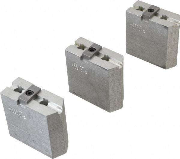 Abbott Workholding Products - 6" & Up Chuck Capacity, Tongue & Groove Attachment, Square Soft Lathe Chuck Jaw - 3 Jaws, Aluminum, 1-1/2" Btw Mount Hole Ctrs, 3" Long x 1-1/4" Wide x 3" High, 5/16" Groove, 3/8" Fastener - Eagle Tool & Supply