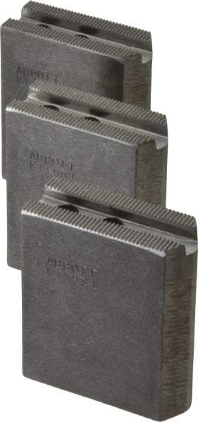Abbott Workholding Products - 5" & Up Chuck Capacity, 1.5mm x 60° Serrated Attachment, Square Soft Lathe Chuck Jaw - 3 Jaws, Steel, 0.7087" Btw Mount Hole Ctrs, 2-1/2" Long x 1" Wide x 3" High, 0.3937" Groove, 0.315" & 8mm Fastener - Eagle Tool & Supply