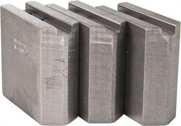 Abbott Workholding Products - 6" & Up Chuck Capacity, 1.5mm x 60° Serrated Attachment, Square Soft Lathe Chuck Jaw - 3 Jaws, Steel, 0.7874" Btw Mount Hole Ctrs, 3" Long x 1-1/4" Wide x 3" High, 0.4724" Groove, 0.3937" & 10mm Fastener - Eagle Tool & Supply