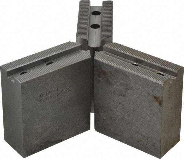 Abbott Workholding Products - 6" & Up Chuck Capacity, 1.5mm x 60° Serrated Attachment, Square Soft Lathe Chuck Jaw - 3 Jaws, Steel, 63/64" Btw Mount Hole Ctrs, 3" Long x 1-1/4" Wide x 3" High, 0.4331" Groove, 0.315" & 8mm Fastener - Eagle Tool & Supply