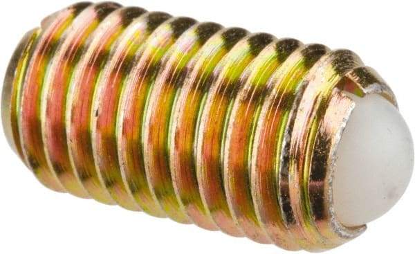 Vlier - M12x1.75, 8mm Ball Diam, 22mm Body Length, 2.5mm Max Ball Reach, Threaded Ball Plunger - Steel Body, Nylon Ball, 16.86 Lb Initial End Force, 25.85 Lb Final End Force - Eagle Tool & Supply