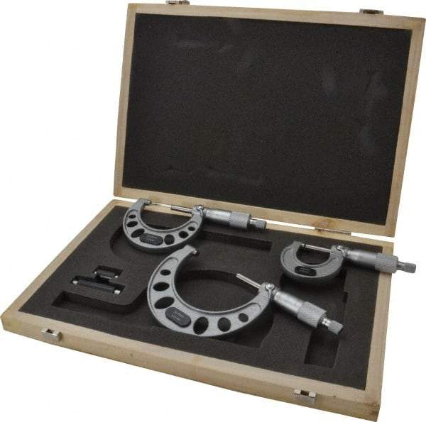 Value Collection - 0 to 75mm Range, 3 Piece Mechanical Outside Micrometer Set - 0.01mm Graduation, 0.005mm Accuracy, Ratchet Stop Thimble, Steel Face - Eagle Tool & Supply
