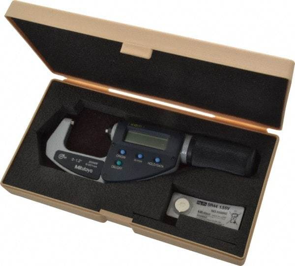 Mitutoyo - 0 to 1.2 Inch Range, 0.0001 Inch Resolution, Standard Throat, IP54 Electronic Outside Micrometer - 0.0001 Inch Accuracy, Ratchet Friction Thimble, Carbide Face, SR44 Battery, Data Output, Plastic Case - Eagle Tool & Supply
