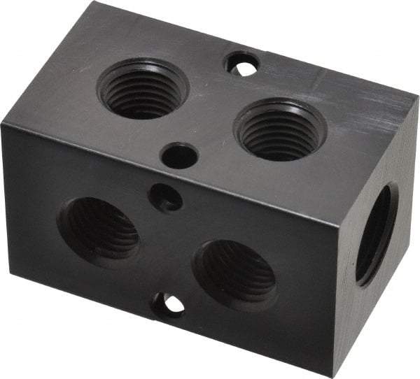 Made in USA - 3/8" Inlet, 1/4" Outlet Manifold - 2.37" Long x 1-1/4" Wide x 1-1/4" High, 0.2" Mount Hole, 2 Inlet Ports, 2 Outlet Ports - Eagle Tool & Supply
