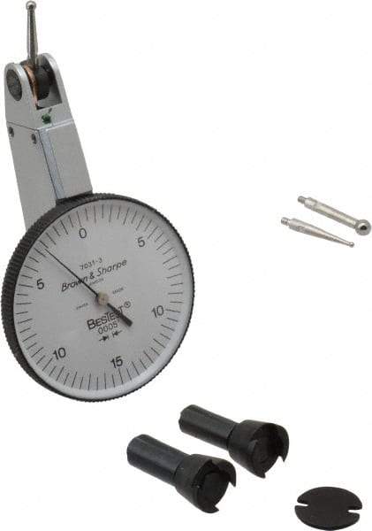 TESA Brown & Sharpe - 0.03 Inch Range, 0.0005 Inch Dial Graduation, Horizontal Dial Test Indicator - 1-1/2 Inch White Dial, 0-15-0 Dial Reading, Accurate to 0.0005 Inch - Eagle Tool & Supply