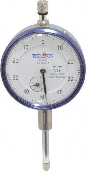 Teclock - 1" Range, 0-50-0 Dial Reading, 0.001" Graduation Dial Drop Indicator - 2-11/64" Dial, 0.1" Range per Revolution, 0.0014" Accuracy, Revolution Counter - Eagle Tool & Supply