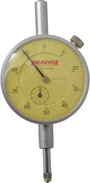 Peacock - 10mm Range, 0-100 Dial Reading, 0.01mm Graduation Dial Drop Indicator - 2-3/64" Dial, Revolution Counter - Eagle Tool & Supply