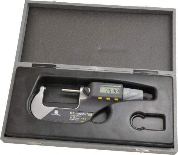 TESA Brown & Sharpe - 1 to 2 Inch Range, 0.0001 Inch Resolution, Standard Throat, IP54 Electronic Outside Micrometer - 0.0002 Inch Accuracy, Carbide Face, Includes Plastic Case - Eagle Tool & Supply