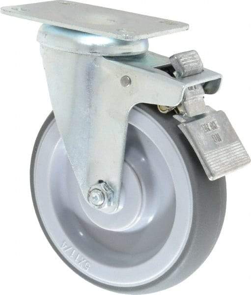 Shepherd - 5" Diam x 1-1/4" Wide x 6-1/4" OAH Top Plate Mount Swivel Caster with Brake - TPR, 200 Lb Capacity, Ball Bearing, 2-5/8 x 3-3/4" Plate - Eagle Tool & Supply