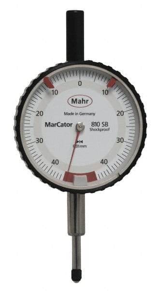 Mahr - 0.8mm Range, 0-45-0 Dial Reading, 0.01mm Graduation Dial Drop Indicator - 50mm Dial, 0.01mm Range per Revolution - Eagle Tool & Supply