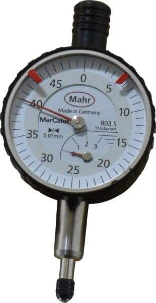 Mahr - 3mm Range, 0-45 Dial Reading, 0.01mm Graduation Dial Drop Indicator - 34mm Dial, 0.01mm Range per Revolution - Eagle Tool & Supply