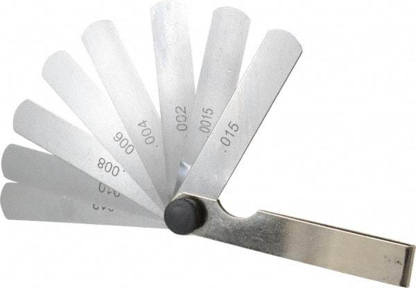 Value Collection - 9 Piece, 0.0015 to 0.015" Thick, Parallel Feeler Gage Set - 3" Leaf Length, 1/2" Wide, Tempered Steel - Eagle Tool & Supply