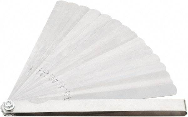 Value Collection - 15 Piece, 0.002 to 0.025" Thick, Feeler Gage Set - 6" Leaf Length, 1/2" Wide, Tempered Steel - Eagle Tool & Supply