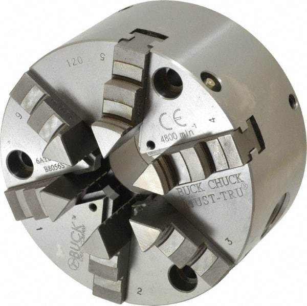 Buck Chuck Company - 6 Jaws, 5" Diam, Self Centering Manual Lathe Chuck - Front Mount, Adjustable, 4,125 Max RPM, 1.28" Through Hole Diam, Forged Steel - Eagle Tool & Supply