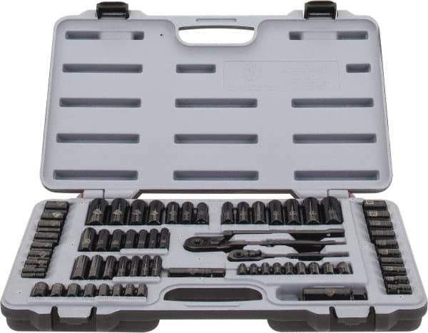 Stanley - 69 Piece 1/4 & 3/8" Drive Standard Deep Socket Set - 6 Points, 3/16 to 3/4", 7 to 19mm, Inch/Metric Measurement Standard - Eagle Tool & Supply
