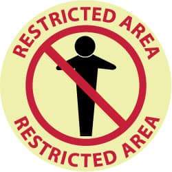 NMC - Restricted Area - Restricted Area, Anti-Skid Polyester Floor Sign - Round, Red & Black on Yellow (Glow), Adhesive Backed, For Security & Admittance - Eagle Tool & Supply