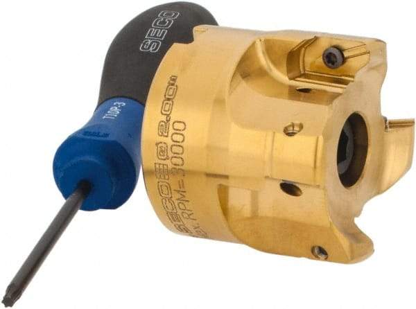 Seco - 2" Cut Diam, 0.295" Max Depth, 3/4" Arbor Hole, 4 Inserts, XPKX12 Insert Style, Indexable Copy Face Mill - R220.97-12 Cutter Style, 30,000 Max RPM, 1.77" High, Through Coolant, Series R220 - Eagle Tool & Supply
