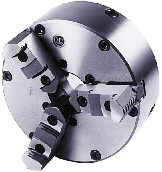 BTC - 3 Jaws, 8" Diam, Self Centering Manual Lathe Chuck - Plain Back Mount Spindle, Adjustable, Reversible, 3,100 Max RPM, 2.264" Through Hole Diam, Cast Iron - Eagle Tool & Supply
