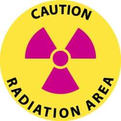 NMC - Caution - Radiation Area, Anti-Skid Pressure-Sensitive Vinyl Floor Sign - Round, Black & Magenta on Yellow, Adhesive Backed, For Accident Prevention - Eagle Tool & Supply