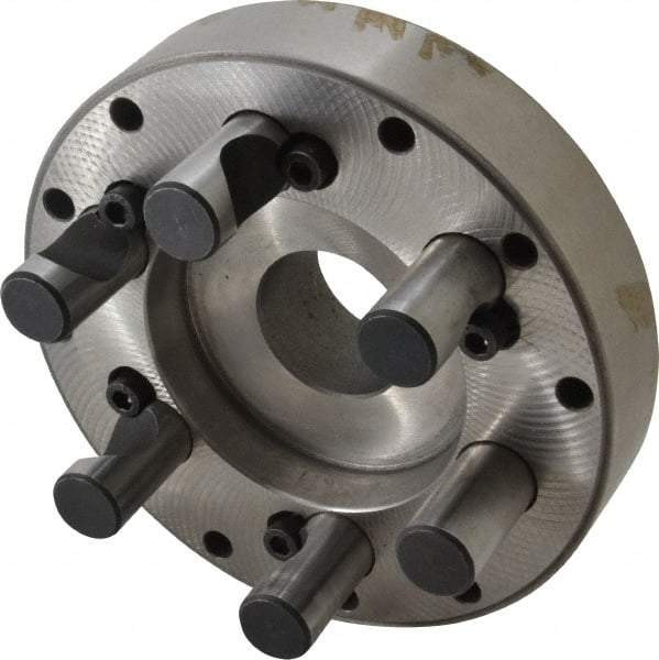 Buck Chuck Company - Adapter Back Plate for 6" Diam Self Centering Lathe Chucks - D1-5 Mount, 1-1/2" Through Hole Diam, 3.109mm ID, 5.88" OD, 1.26" Flange Height, Steel - Eagle Tool & Supply